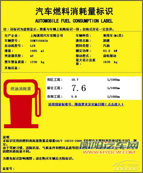 2013凯越自动挡车型油耗标识
